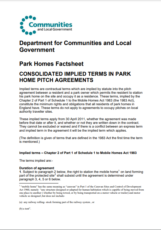 CONSOLIDATED-IMPLIED-TERMS-IN-PARK-HOME-PITCH-AGREEMENTS